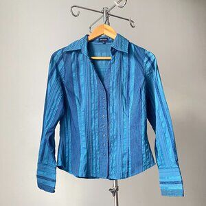 🍂 Blue Two-Tone Waist-Length Striped Shiny Textured Velvet Button-Down Shirt